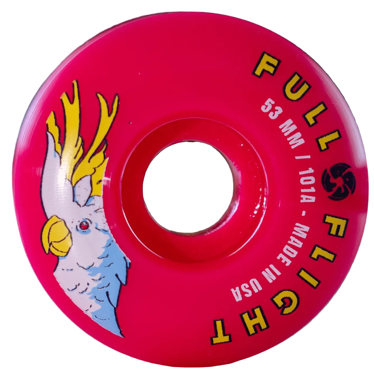 A red roller skate wheel with the text 'FULL FLIGHT' and a graphic of an Australian Cockatoo on it.