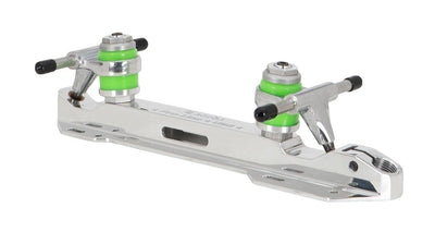 Labeda Proline skate plates with green and silver color scheme, showcasing the plate design and the mounted trucks.