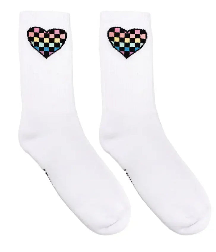 White socks with colorful heart designs on a white background