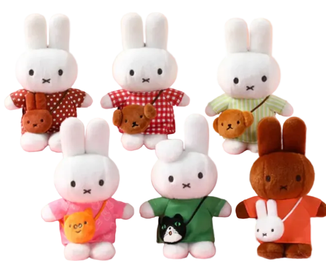 Plush toys resembling a character in various outfits on a pink background with 'VIPO miffy' branding.