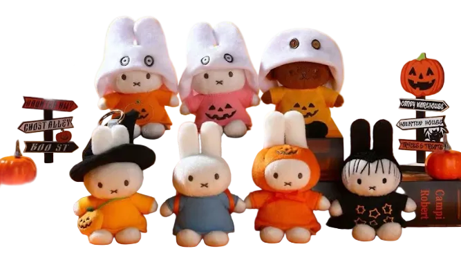 Collection of miffy figurines in Halloween costumes on an orange background with VIPO branding.