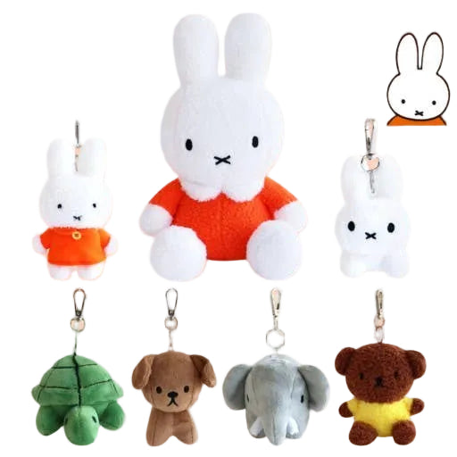Collection of plush keychains including a rabbit, turtle, dog, elephant, and bear on a peach background.