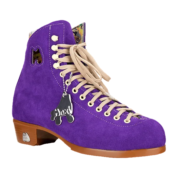 Purple roller skate with beige laces on a white background