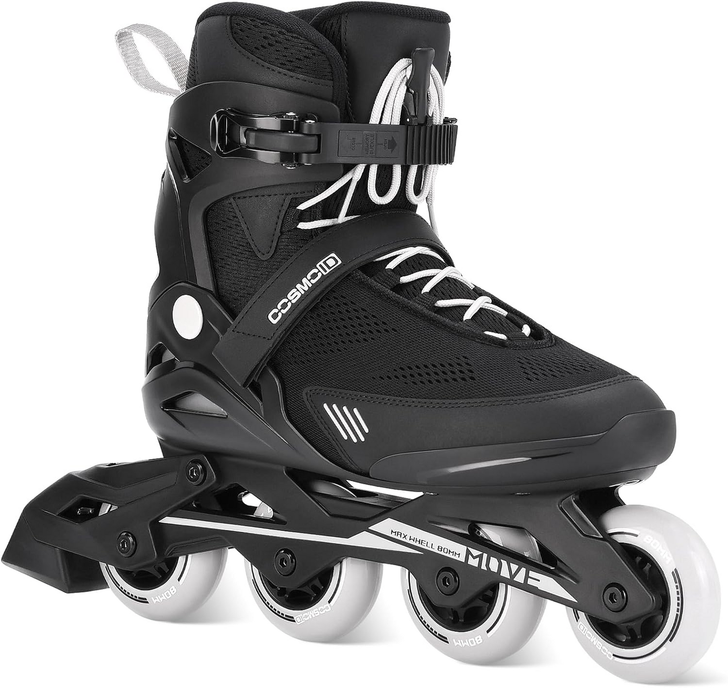 Black inline skate with white wheels on a white background