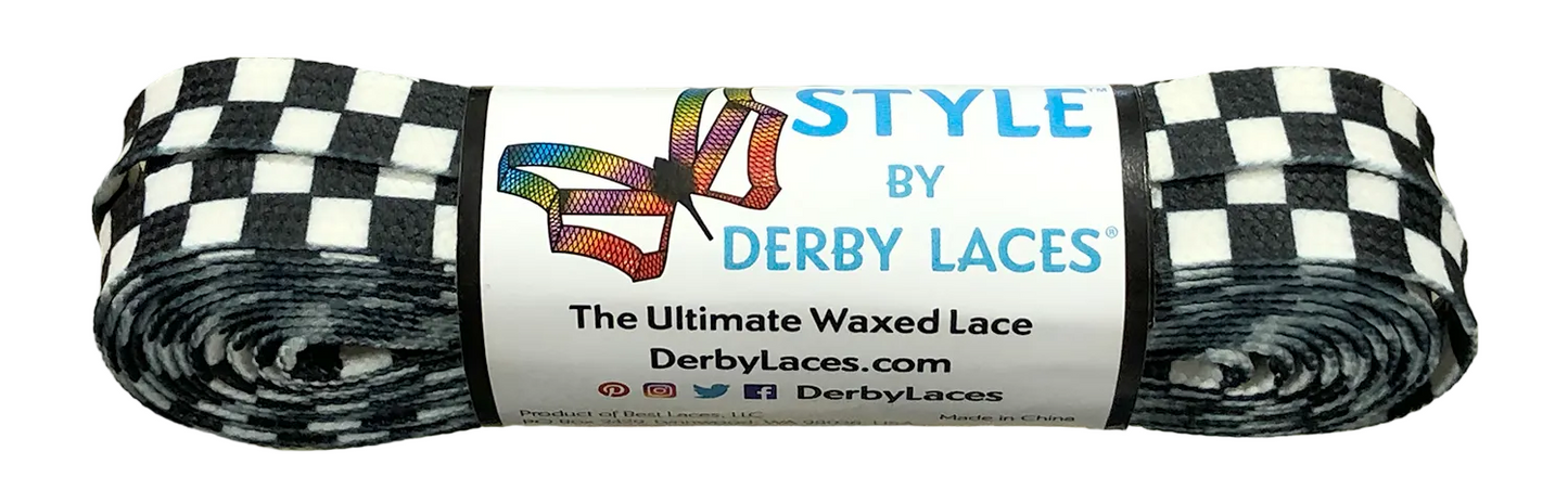 A roll of checkered black and white laces with the branding 'STYLE by DERBY LACES' on the label.