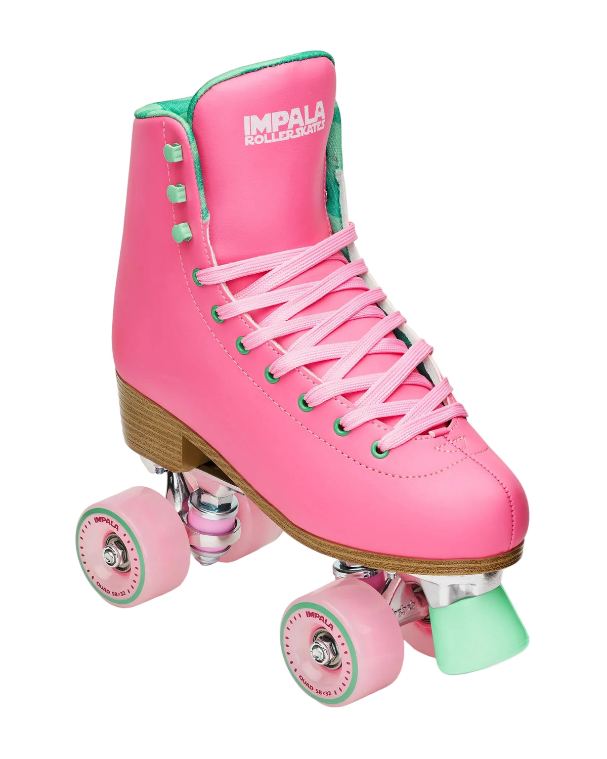 Pink roller skates with green accents on a white background