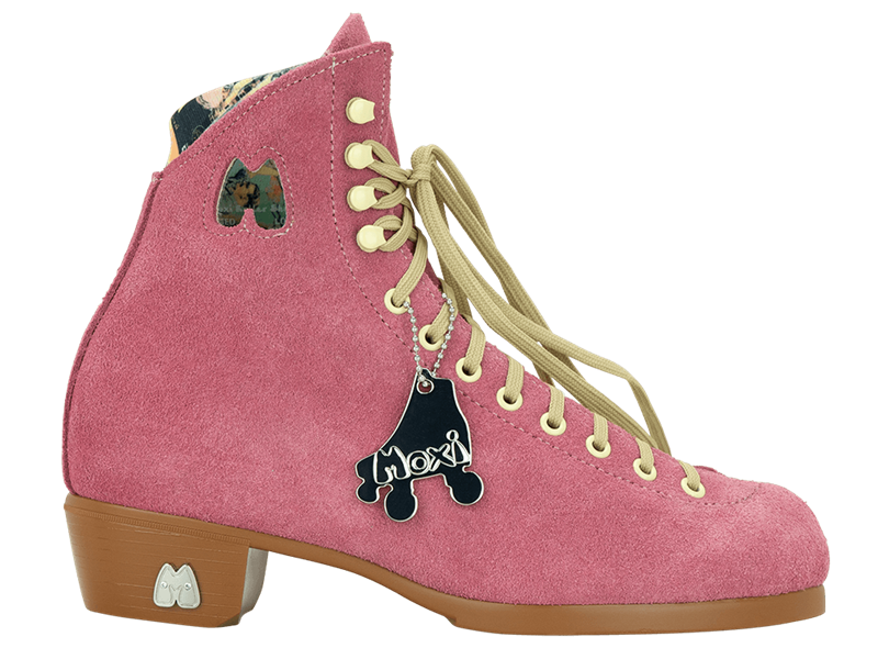 Moxi Pink high-top skate boot with beige laces and a decorative charm on a white background