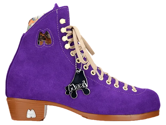 Purple roller skate with brown sole on a white background