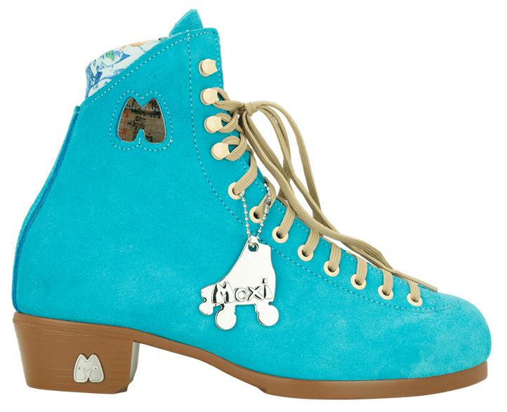 Turquoise roller skate with brand logo on a white background