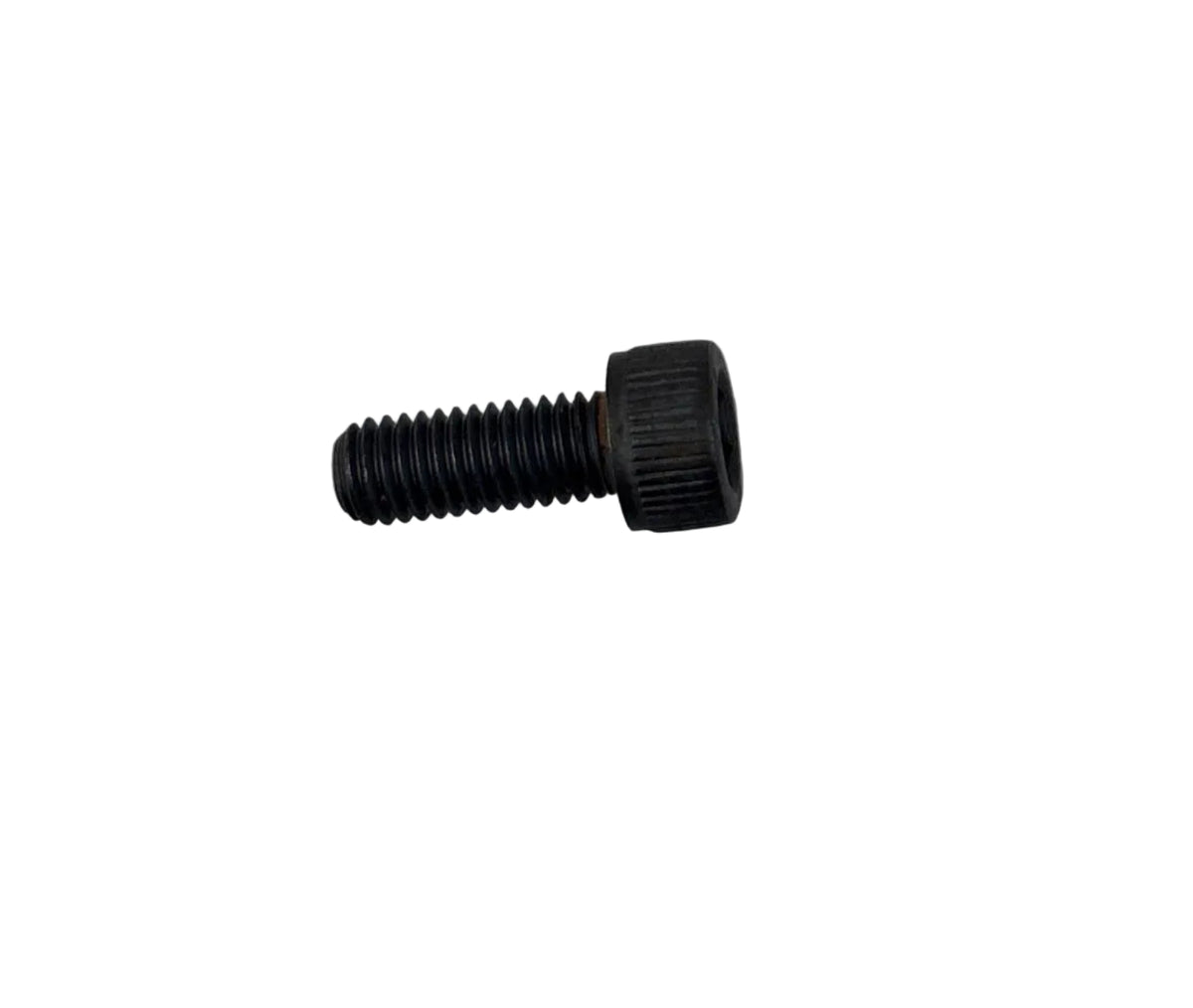 A single small black metal screw or bolt with a hex head, placed on a white sheet of paper.