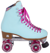 Moxi Beach Bunny roller skates in blue color with pink laces and matching blue vinyl toe caps. The skates are designed with a high-top boot and additional ankle padding.