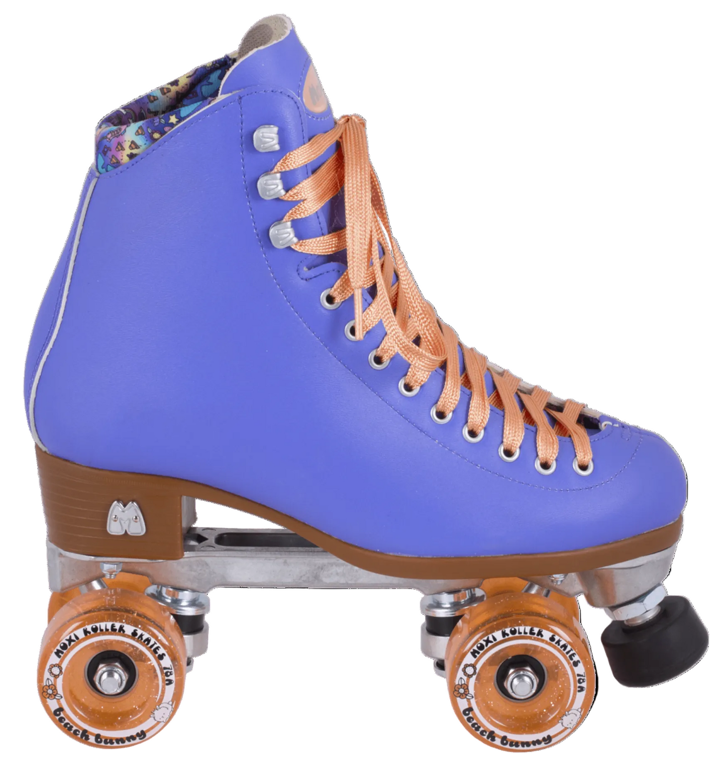 A periwinkle Moxi Beach Bunny roller skate with orange laces and matching toe caps, set against a white background.