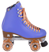 A periwinkle Moxi Beach Bunny roller skate with orange laces and matching toe caps, set against a white background.