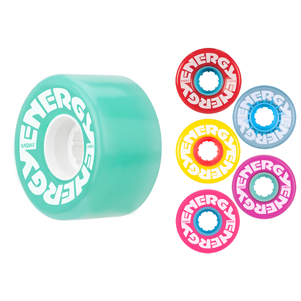 A collection of Radar Energy wheels for skates, displayed in multiple colors including red, blue, yellow, and pink, with the brand name 'ENERGY' visible on the wheels.
