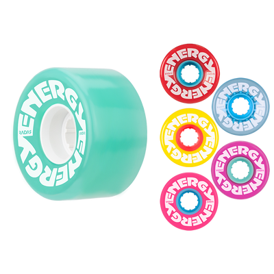 A collection of Radar Energy wheels for skates, displayed in multiple colors including red, blue, yellow, and pink, with the brand name 'ENERGY' visible on the wheels.