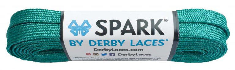 A bundle of teal metallic roller skate laces with the SPARK by Derby Laces brand label.