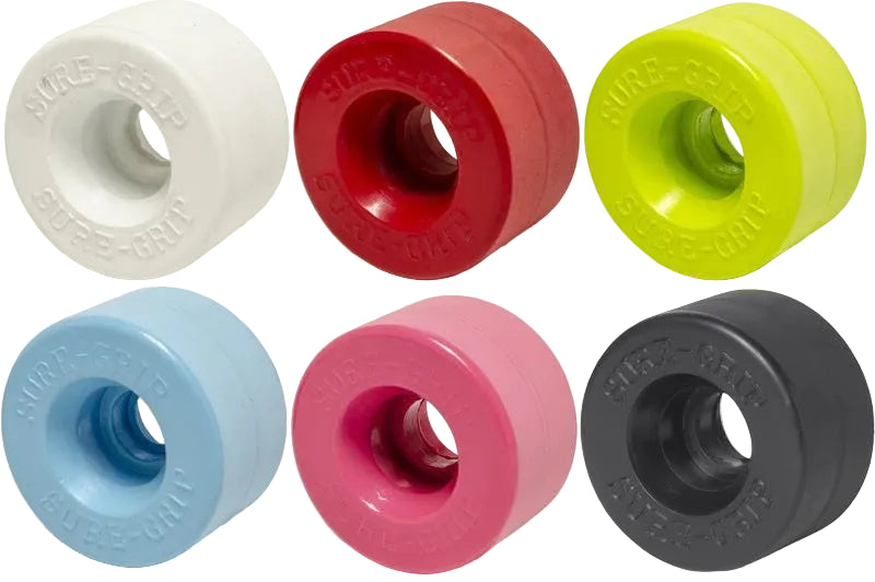 An assortment of Sure Grip Velvet Dance Wheels in various solid colors including white, red, yellow, blue, pink, and black.